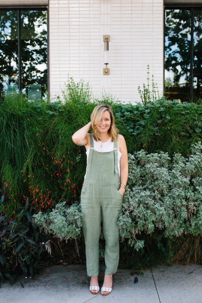 Green linen jumpsuit on sale