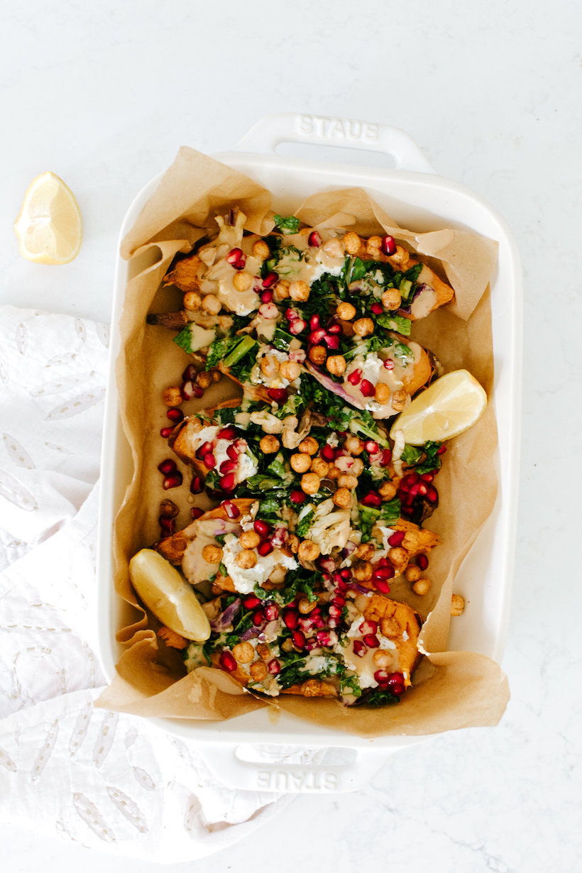 fall stuffed sweet potatoes in a pan