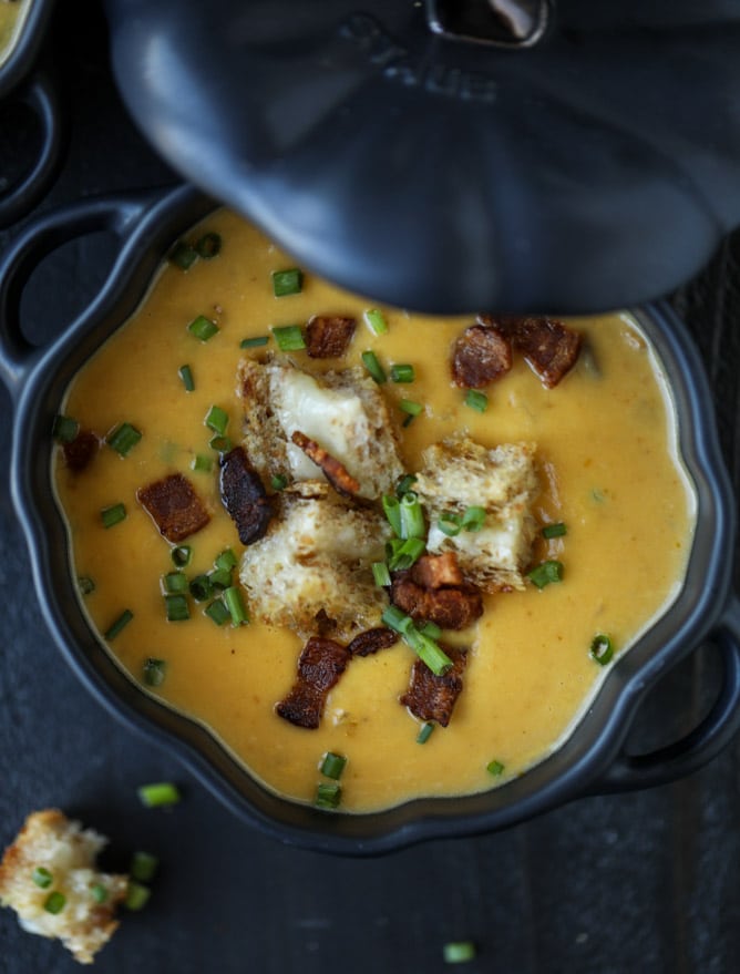 fall soup served in a black bowl