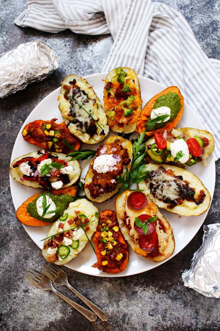 Stuffed baked potatoes on a white plate