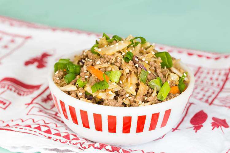 A weeknight meal in a red and white bowl