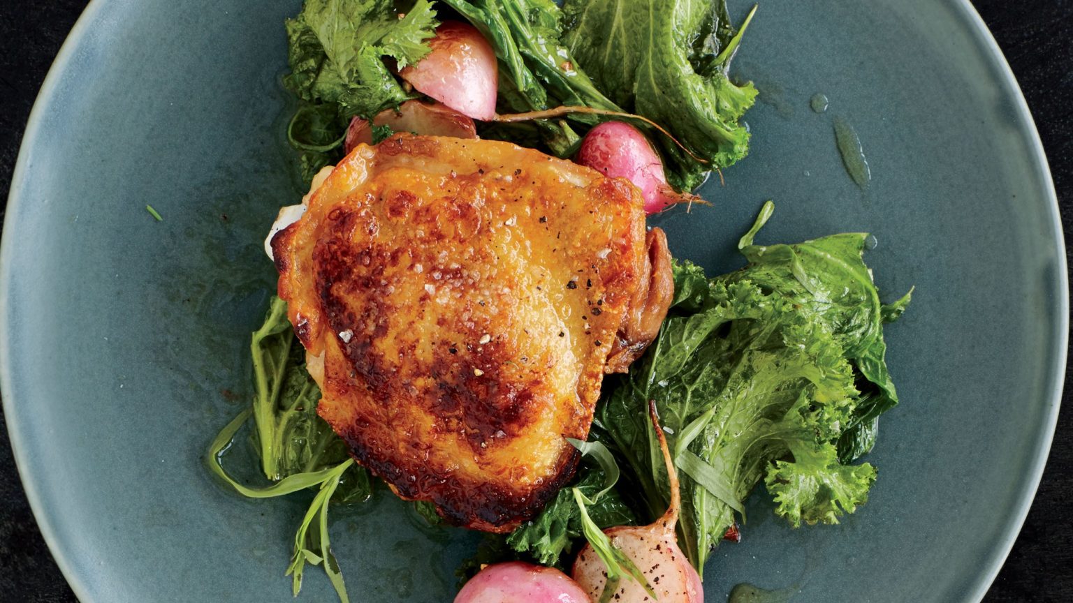 vinegar-marinated-chicken-with-buttered-greens-and-radishes — The