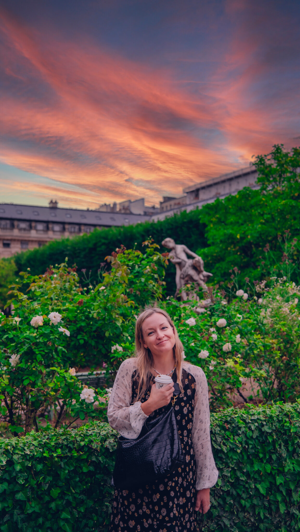 Palais Royal at Sunset in Paris, Rose Garden with Sculpture